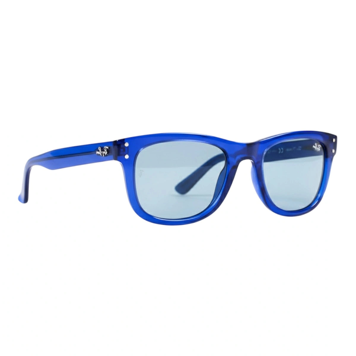 Crystal blue bold square sunglasses with blue lenses, angled view
