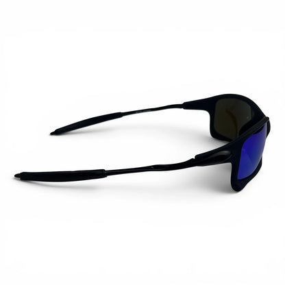 The Pulse Sport Rectangle sunglasses in Black with Blue Mirror lenses, angled three-quarter view