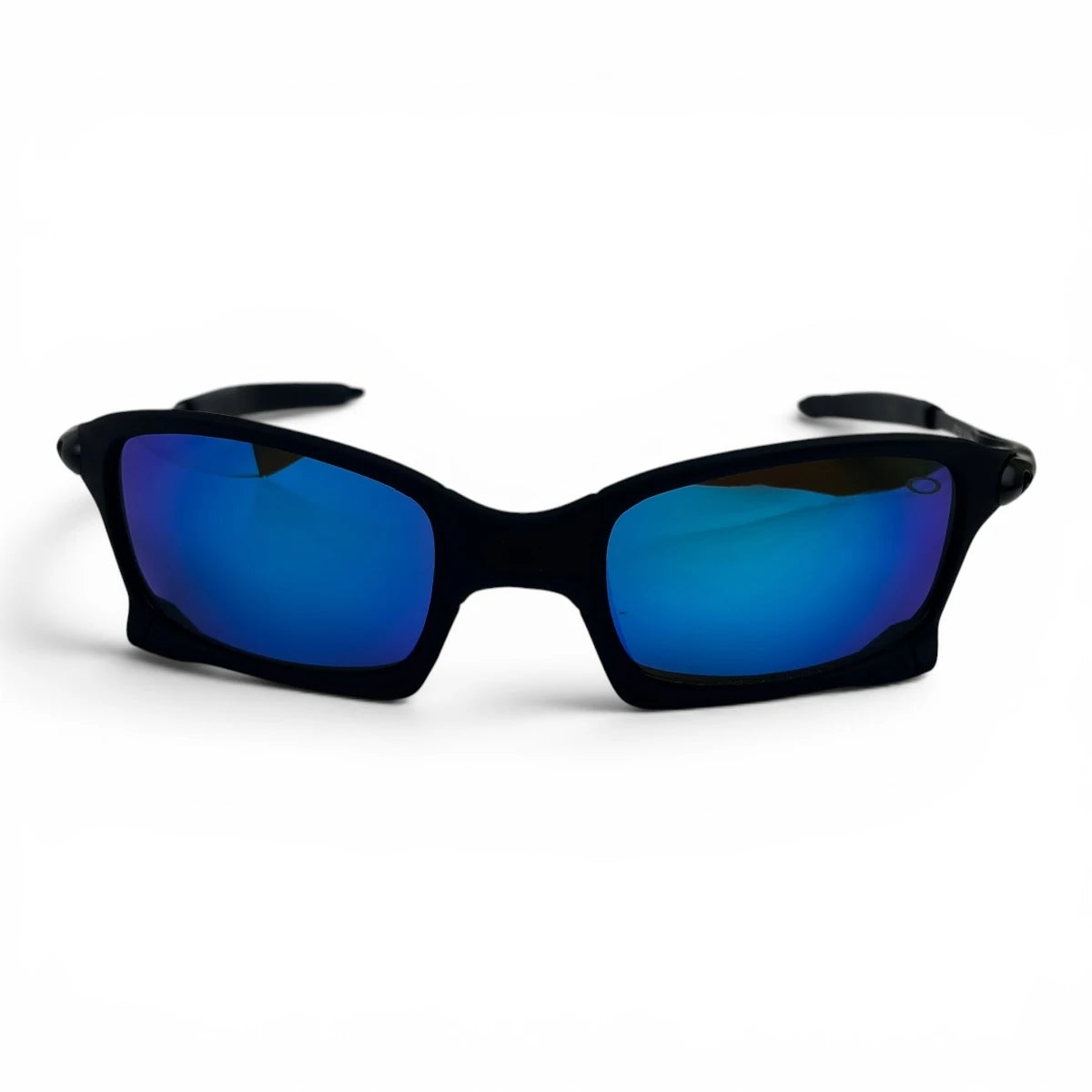 The Pulse Sport Rectangle sunglasses in Black with Blue Mirror lenses, straight front view