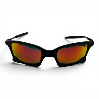 The Pulse Sport Rectangle sunglasses in Black with Red Yellow Mirror lenses, angled three-quarter view