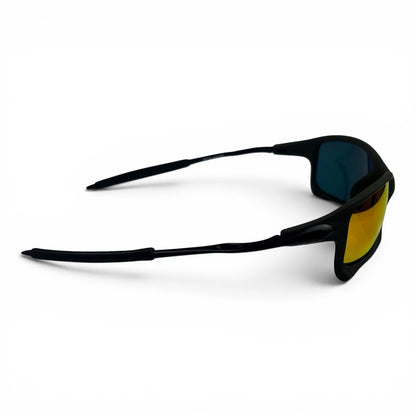 The Pulse Sport Rectangle sunglasses in Black with Red Yellow Mirror lenses, side profile view