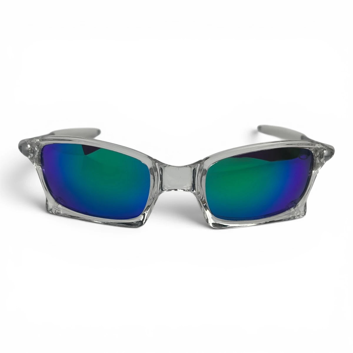 The Pulse Sport Rectangle sunglasses in Clear with Blue Green Mirror lenses, angled three-quarter view