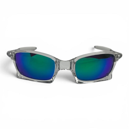 The Pulse Sport Rectangle sunglasses in Clear with Blue Green Mirror lenses, angled three-quarter view