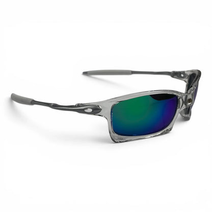 The Pulse Sport Rectangle sunglasses in Clear with Blue Green Mirror lenses, straight front view