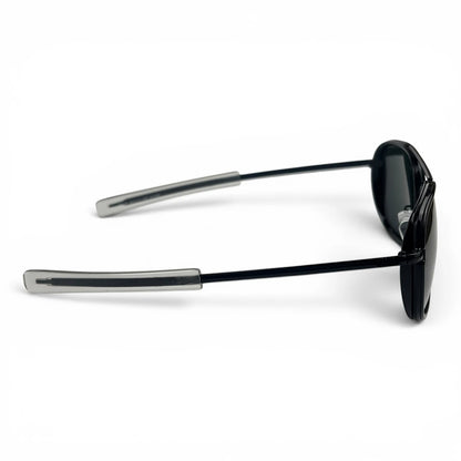 The Rayan Metal Rectangle sunglasses in Black with Blue lenses, angled three-quarter view