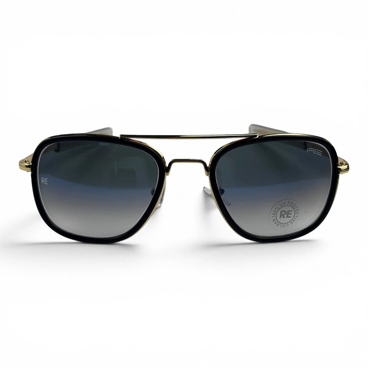 The Rayan Metal Rectangle sunglasses in Black with Blue Gradient lenses, angled three-quarter view