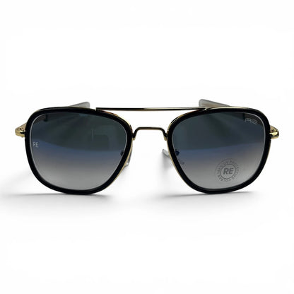 The Rayan Metal Rectangle sunglasses in Black with Blue Gradient lenses, angled three-quarter view