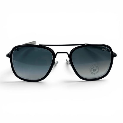 The Rayan Metal Rectangle sunglasses in Black with Blue lenses, side profile view