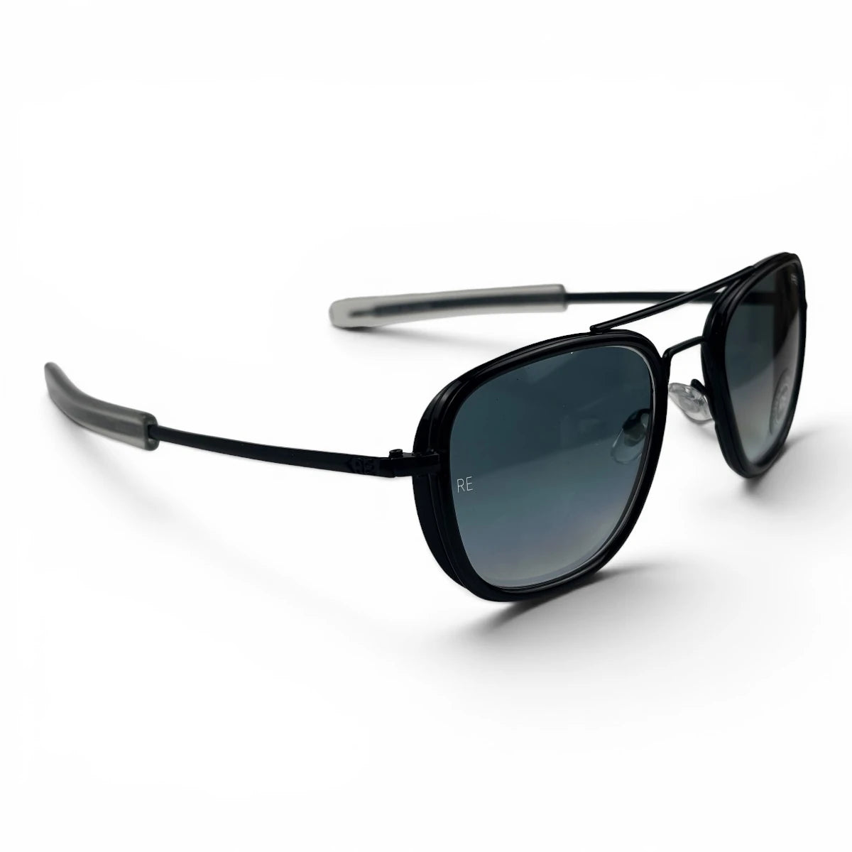 The Rayan Metal Rectangle sunglasses in Black with Blue lenses, straight front view