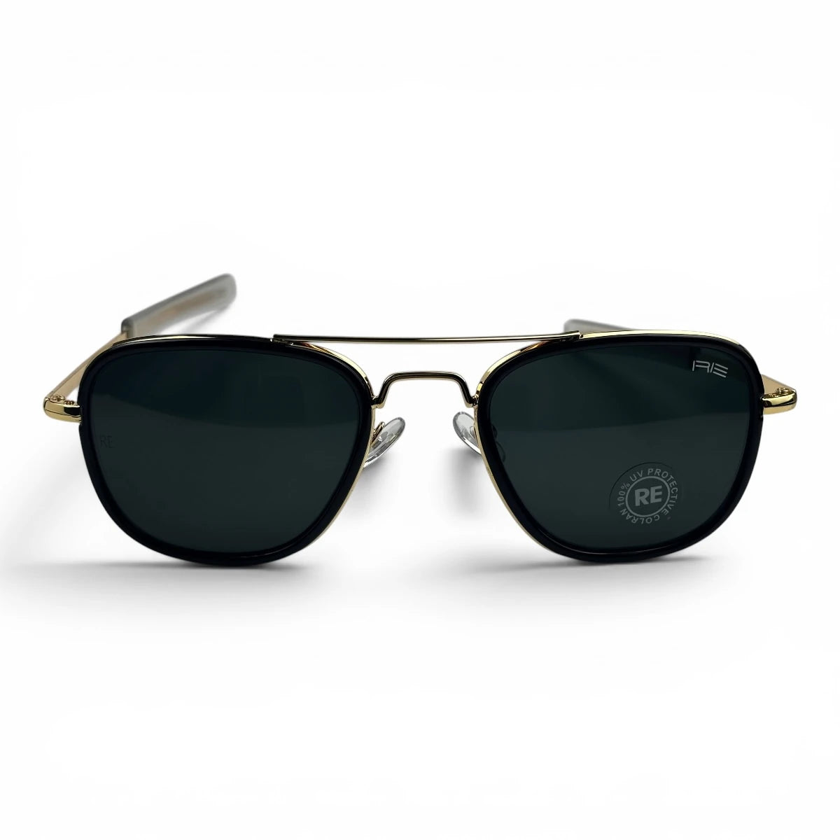The Rayan Metal Rectangle sunglasses in Gold and Black with Black lenses, angled three-quarter view