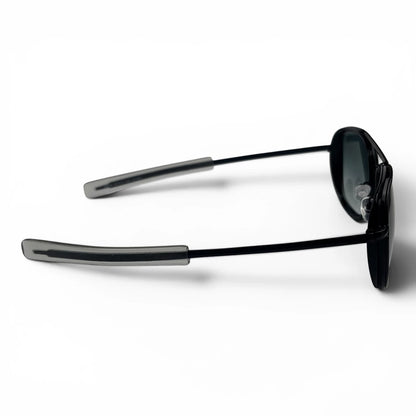 The Rayan Metal Rectangle sunglasses in Gold and Black with Dark Green lenses, side profile view