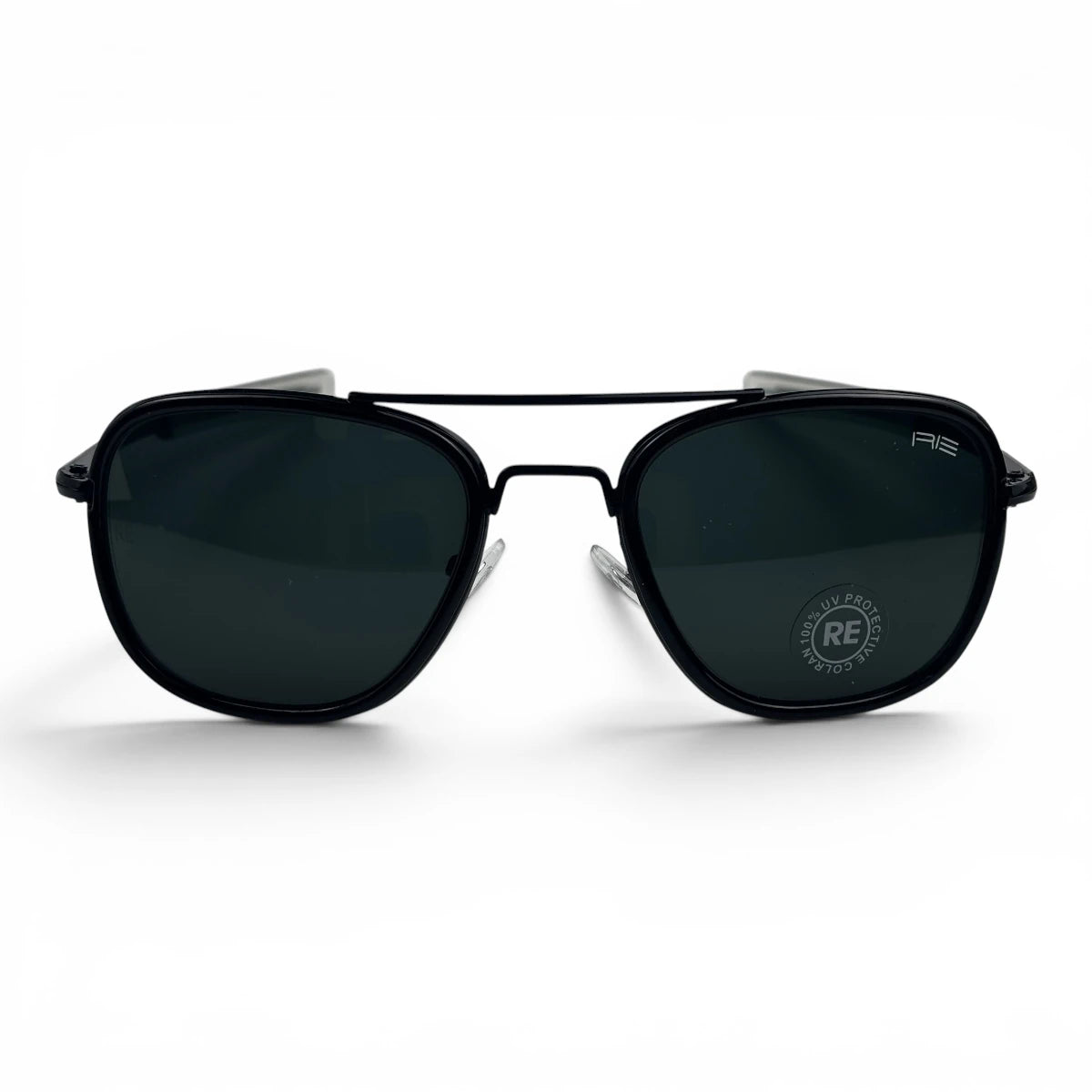 The Rayan Metal Rectangle sunglasses in Gold and Black with Dark Green lenses, straight front view