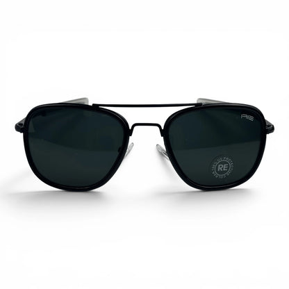 The Rayan Metal Rectangle sunglasses in Gold and Black with Dark Green lenses, straight front view
