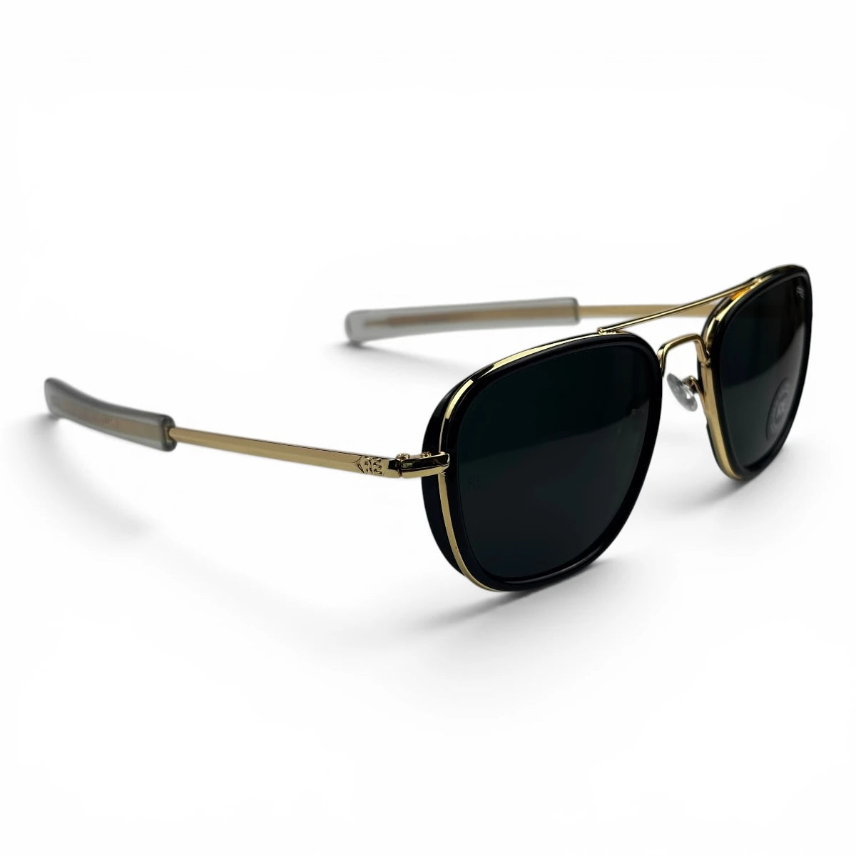 The Rayan Metal Rectangle sunglasses in Gold and Black with Black lenses, straight front view