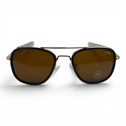The Rayan Metal Rectangle sunglasses in Gold with Brown lenses, side profile view
