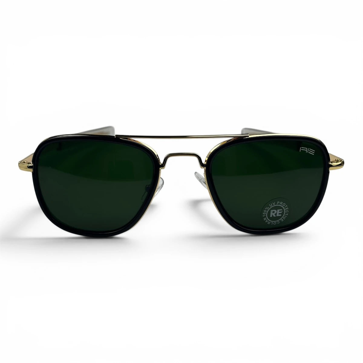 The Rayan Metal Rectangle sunglasses in Gold with Green lenses, angled three-quarter view