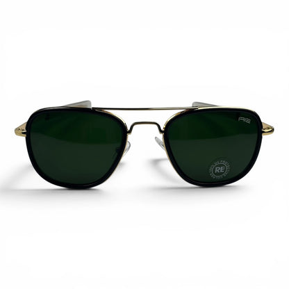 The Rayan Metal Rectangle sunglasses in Gold with Green lenses, angled three-quarter view