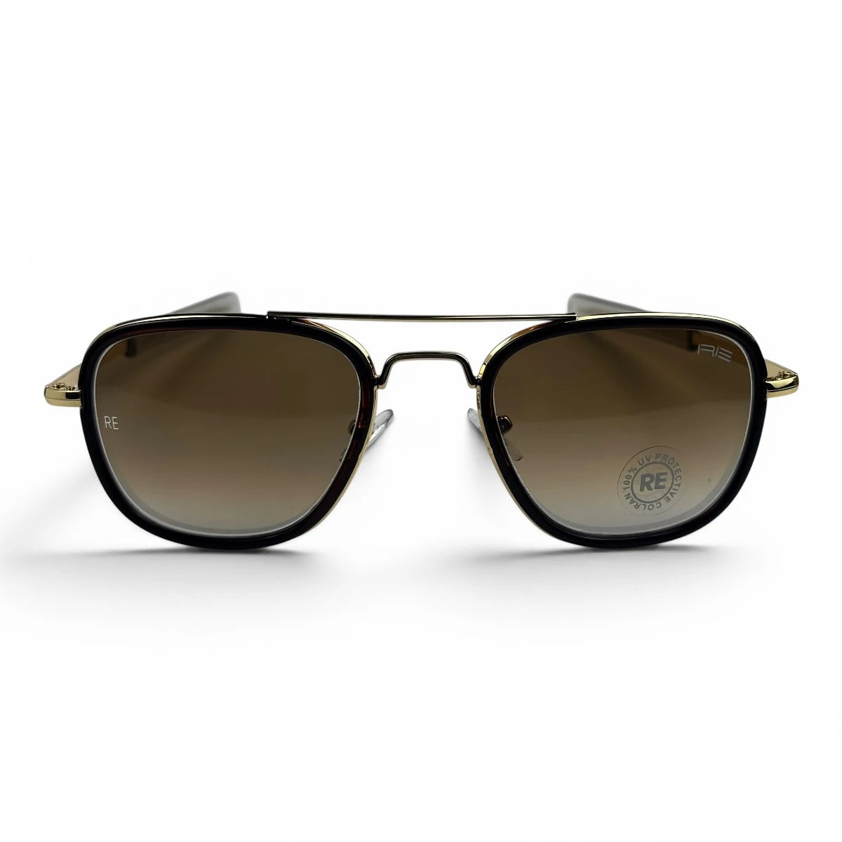 The Rayan Metal Rectangle sunglasses in Gold with Light Brown lenses, angled three-quarter view