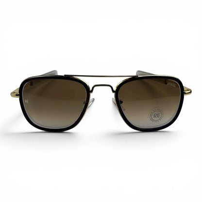 The Rayan Metal Rectangle sunglasses in Gold with Light Brown lenses, angled three-quarter view