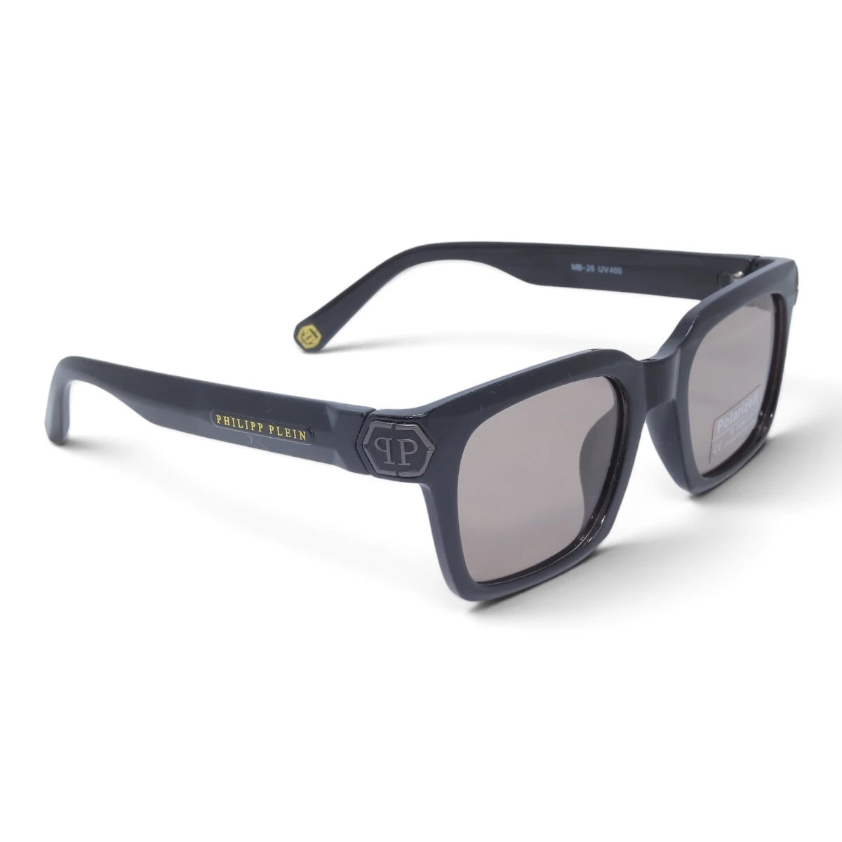U&EYE The Riven cat-eye rectangle polarized sunglasses in Black / Silver Mirror — angled view