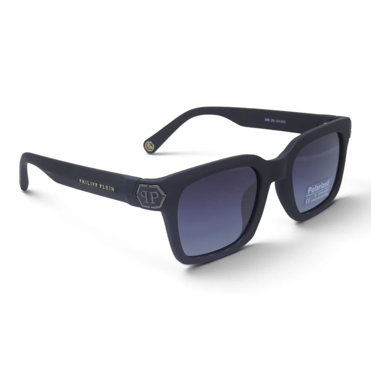 U&EYE The Riven cat-eye rectangle polarized sunglasses in Black / Violet-Blue Gradient — angled view