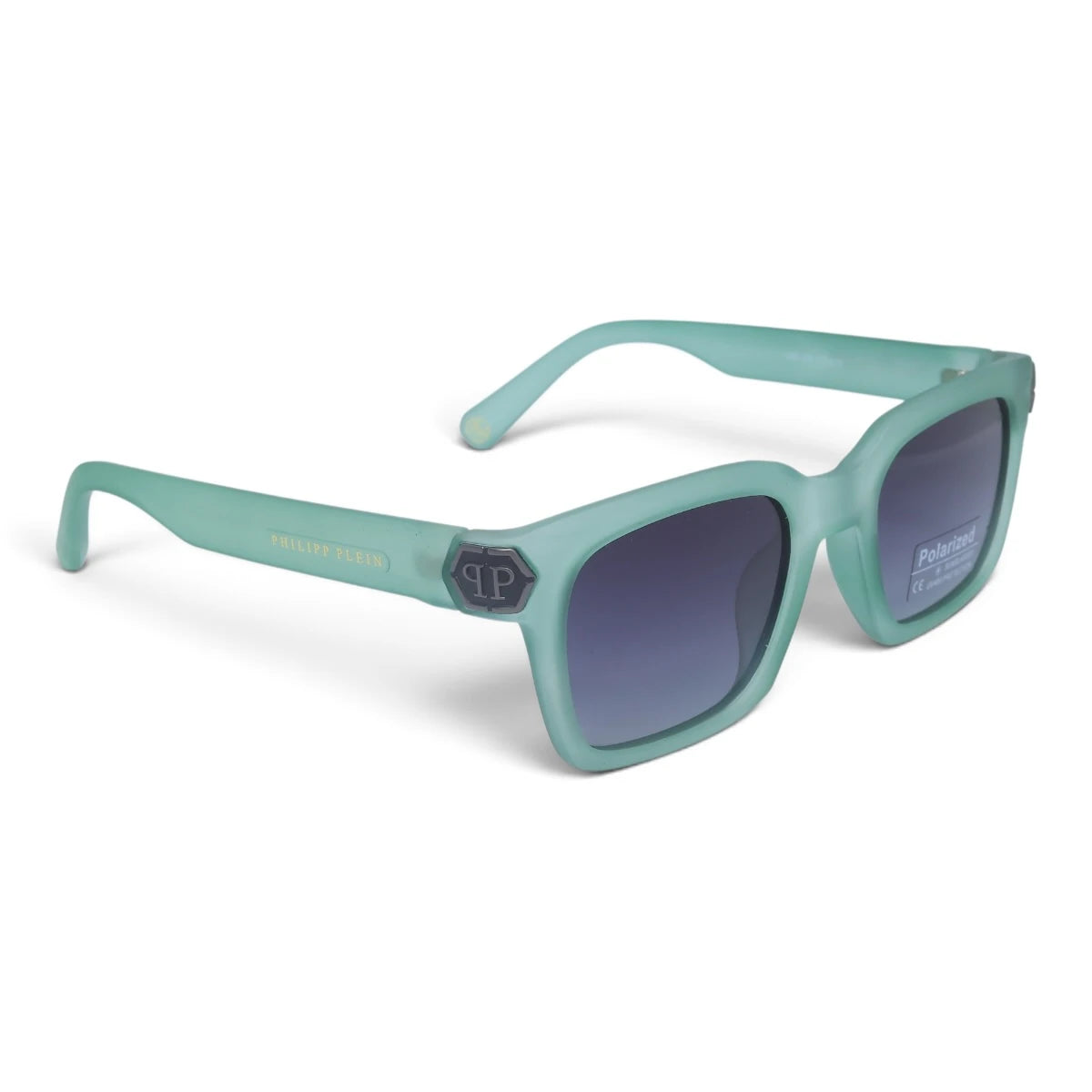 U&EYE The Riven cat-eye rectangle polarized sunglasses in Mint Crystal / Violet-Blue Gradient — angled view