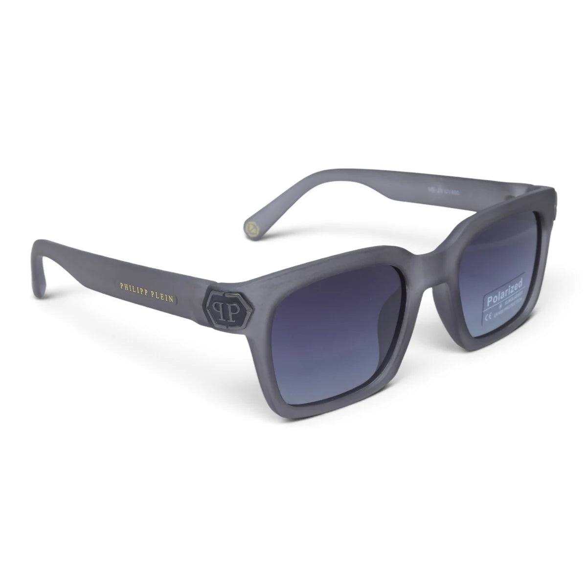 U&EYE The Riven cat-eye rectangle polarized sunglasses in Smoke Gray / Violet Gradient — angled view