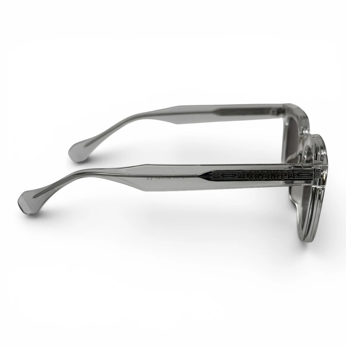 The Roux Chunky Square sunglasses in Clear with Brown lenses, side profile view