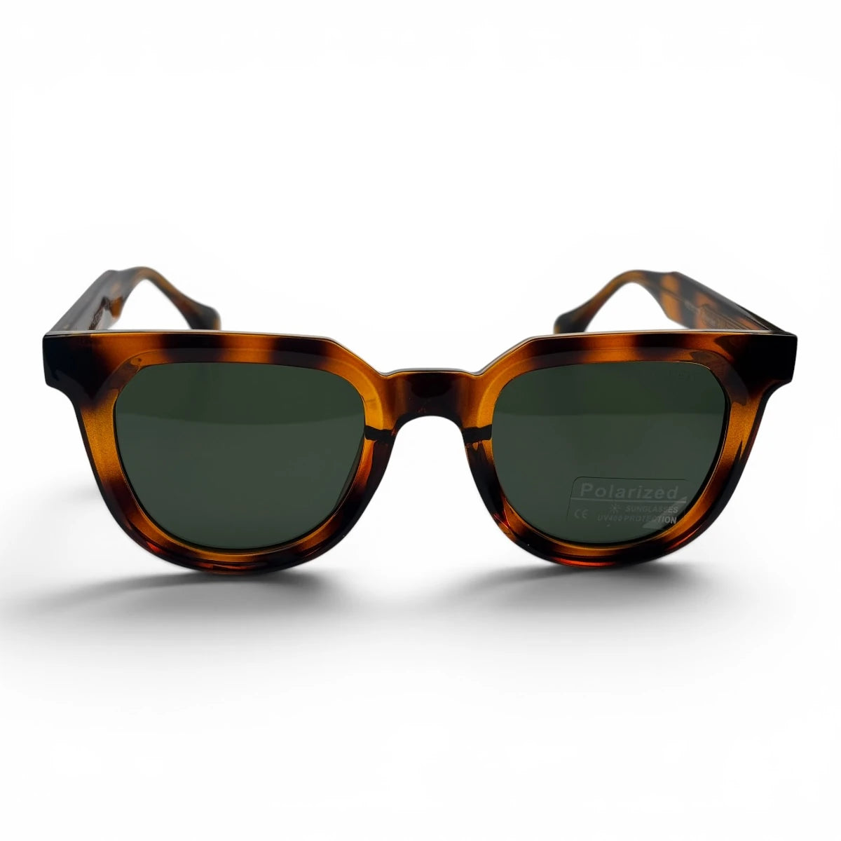 The Roux Chunky Square sunglasses in Tortoise with Green lenses, angled three-quarter view