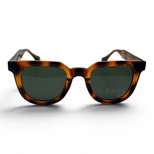 The Roux Chunky Square sunglasses in Tortoise with Green lenses, angled three-quarter view