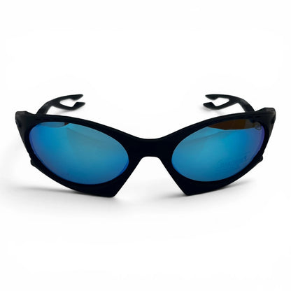 The Rush Sport Wrap sunglasses in Black with Blue Mirror lenses, angled three-quarter view