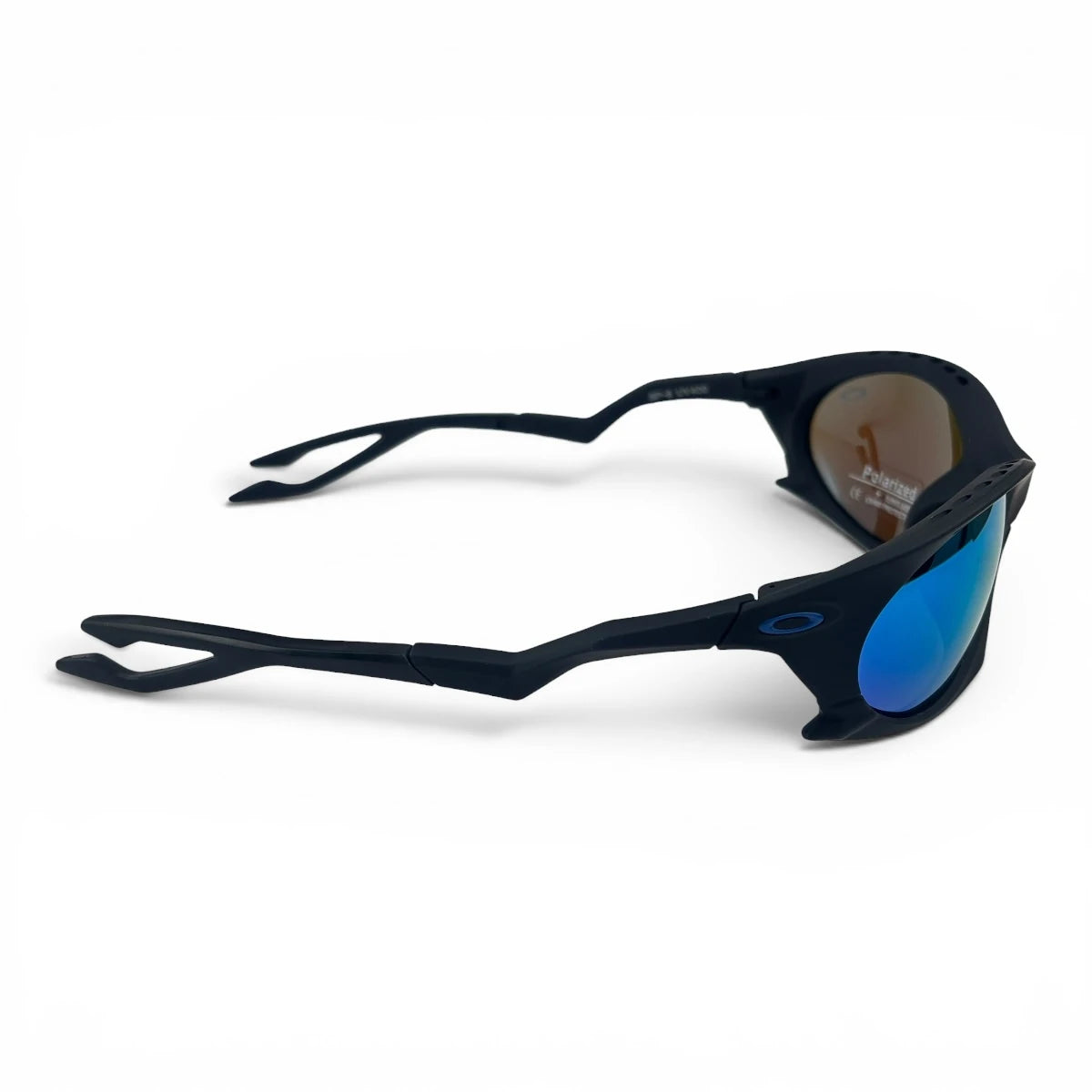 The Rush Sport Wrap sunglasses in Black with Blue Mirror lenses, detail view