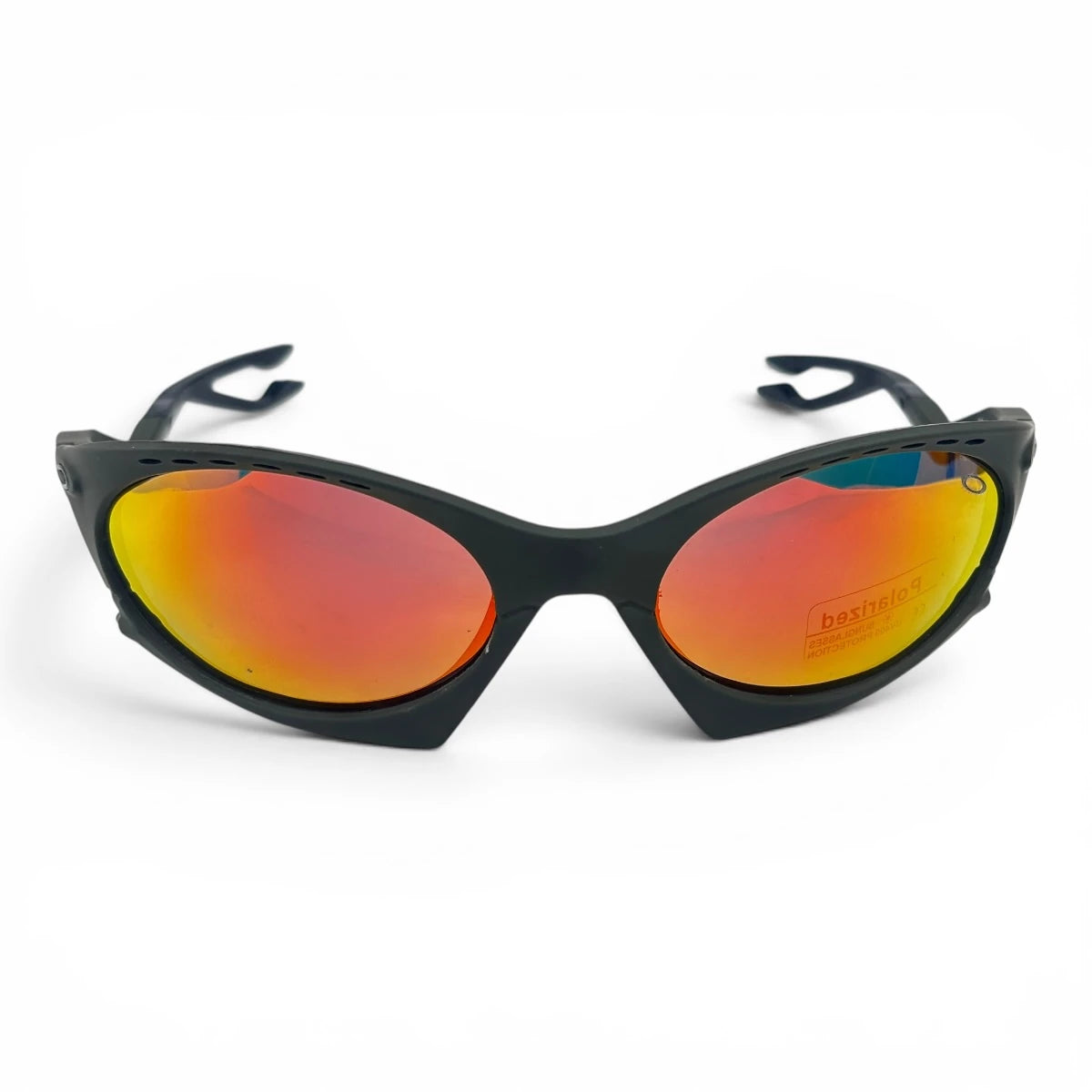 The Rush Sport Wrap sunglasses in Green with Red Yellow Mirror lenses, angled three-quarter view