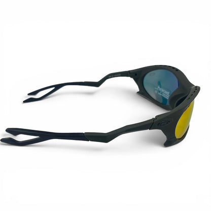 The Rush Sport Wrap sunglasses in Green with Red Yellow Mirror lenses, detail view
