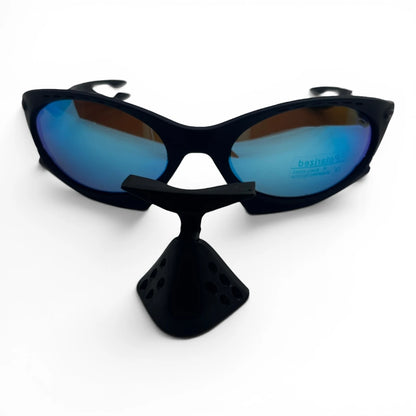 The Rush Sport Wrap sunglasses in Navy with Blue Mirror lenses, angled three-quarter view
