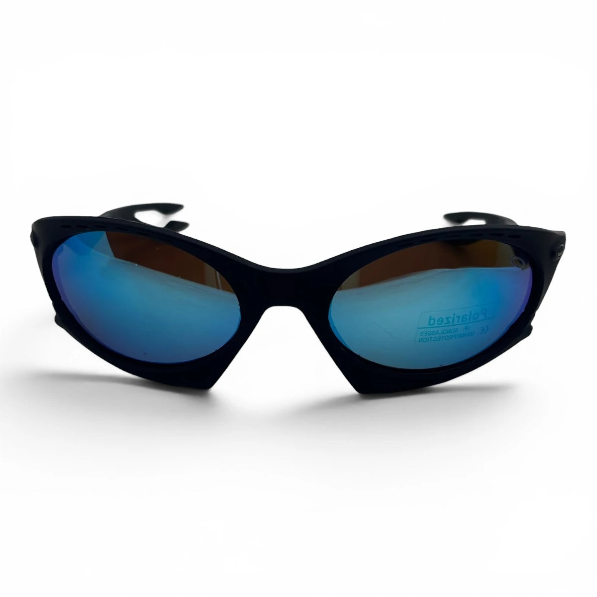 The Rush Sport Wrap sunglasses in Navy with Blue Mirror lenses, straight front view
