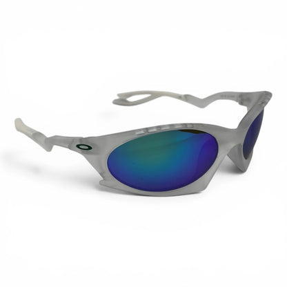 The Rush Sport Wrap sunglasses in Silver with Blue Purple Mirror lenses, side profile view