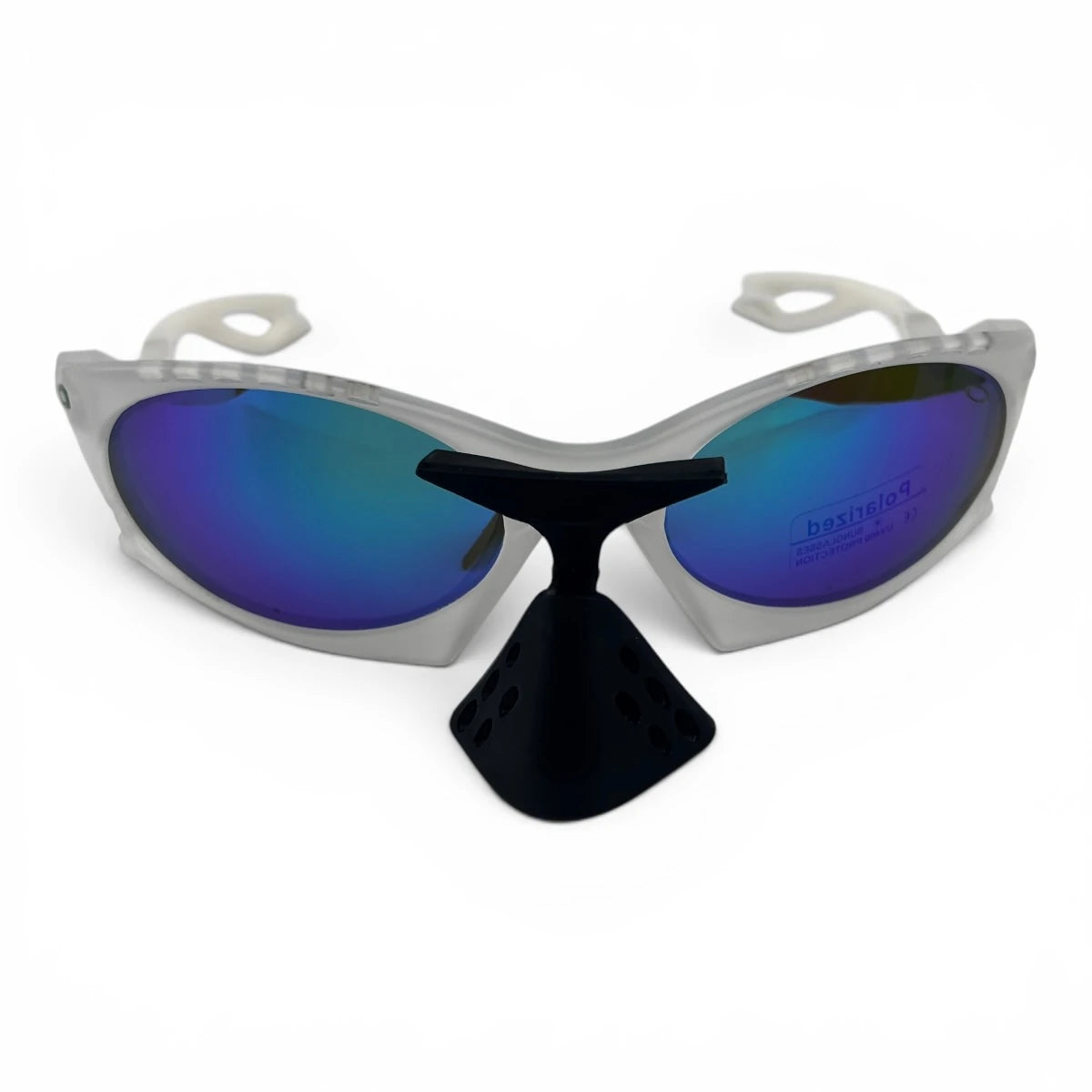The Rush Sport Wrap sunglasses in Silver with Blue Purple Mirror lenses, straight front view