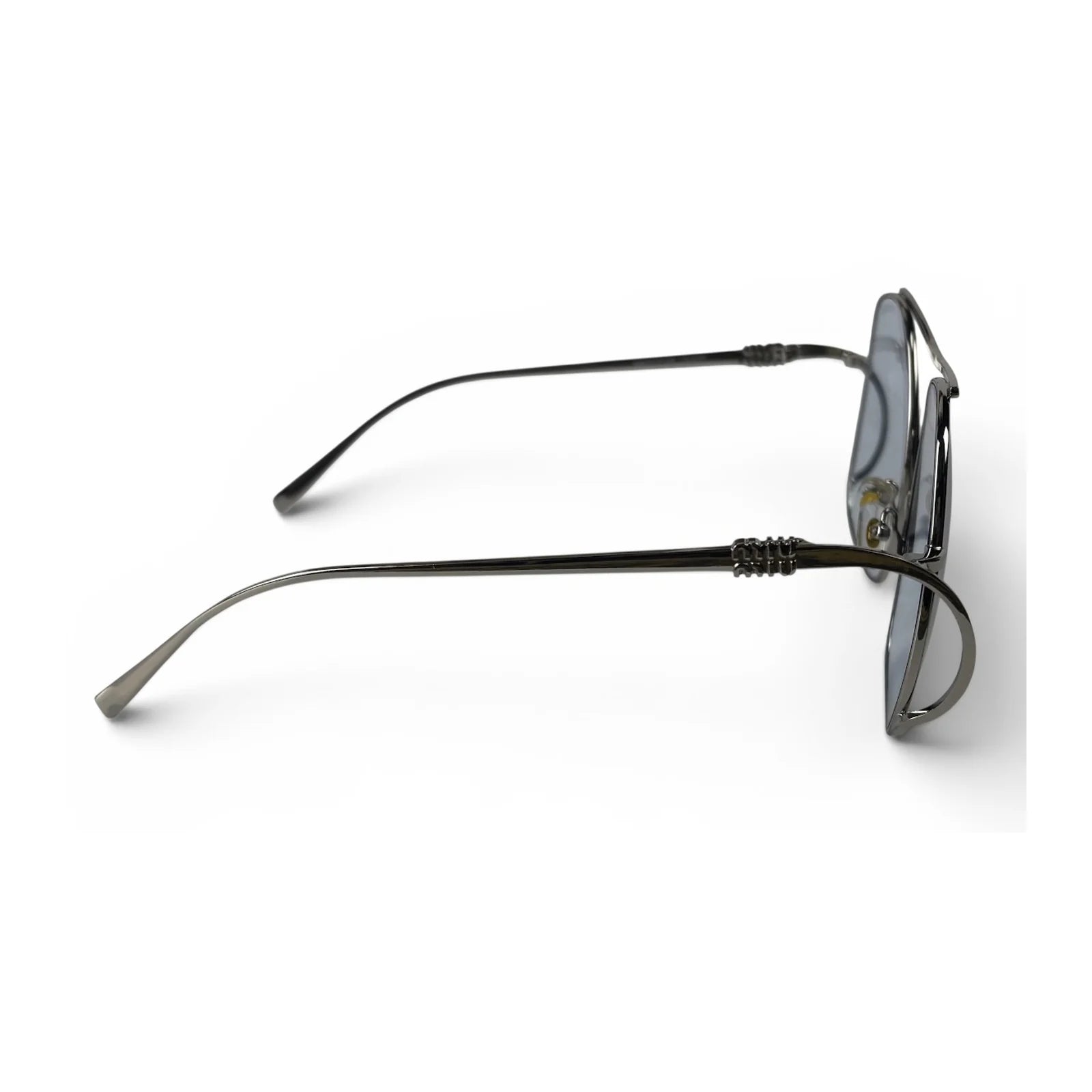 The Solene Oversized Square sunglasses in Silver with Light Blue lenses, side profile view