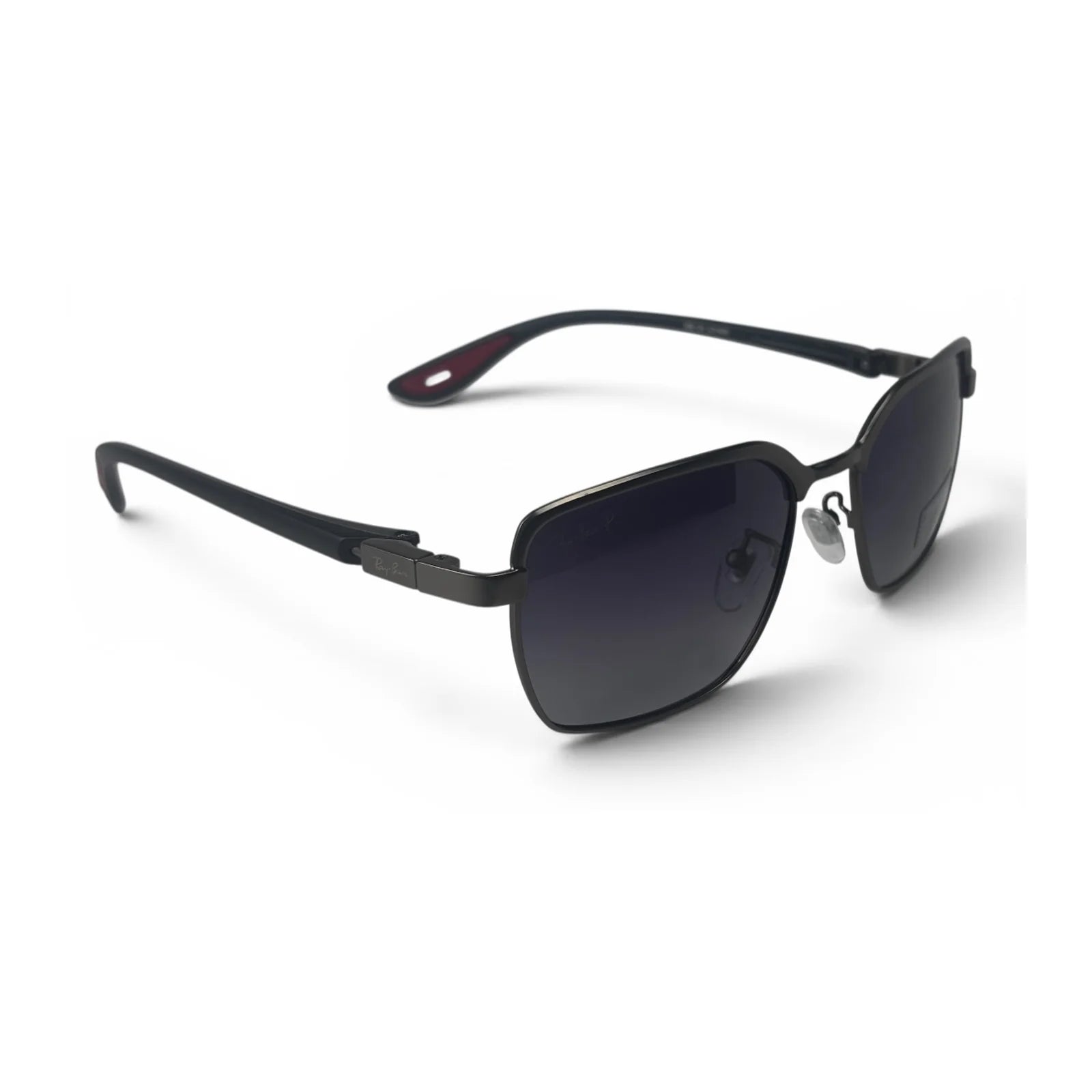 The Vector Rectangle sunglasses in Black with Purple Gradient lenses, angled three-quarter view