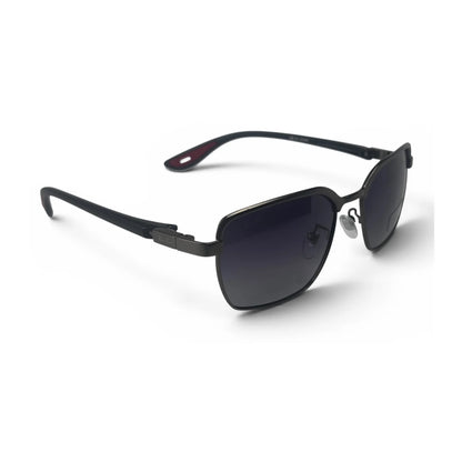 The Vector Rectangle sunglasses in Black with Purple Gradient lenses, angled three-quarter view