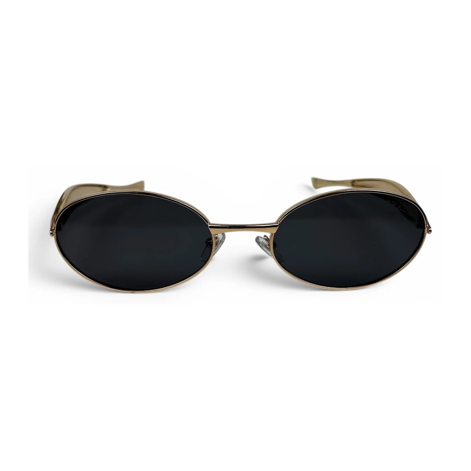 The Aveline oval sunglasses in gold with black lenses, straight front view