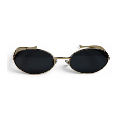 The Aveline oval sunglasses in gold with black lenses, straight front view