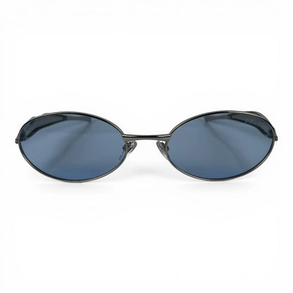 The Aveline oval sunglasses in silver with blue lenses, straight front view
