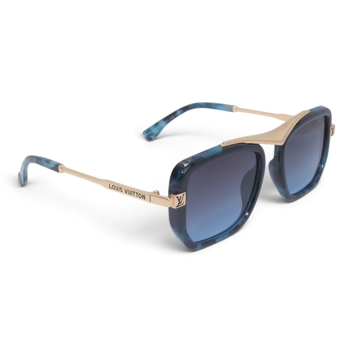U&EYE The Veloria oversized square sunglasses in Blue Tortoise-Gold / Blue Gradient — angled view