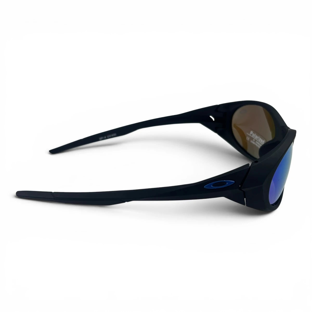 The Vortex Sport Wrap sunglasses in Navy with Blue Mirror lenses, side profile view