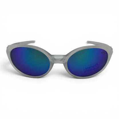 The Vortex Sport Wrap sunglasses in Silver with Blue Purple Mirror lenses, angled three-quarter view