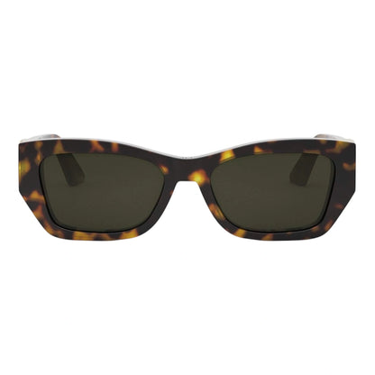 Sunglasses with tortoiseshell frame and dark lenses on a white background