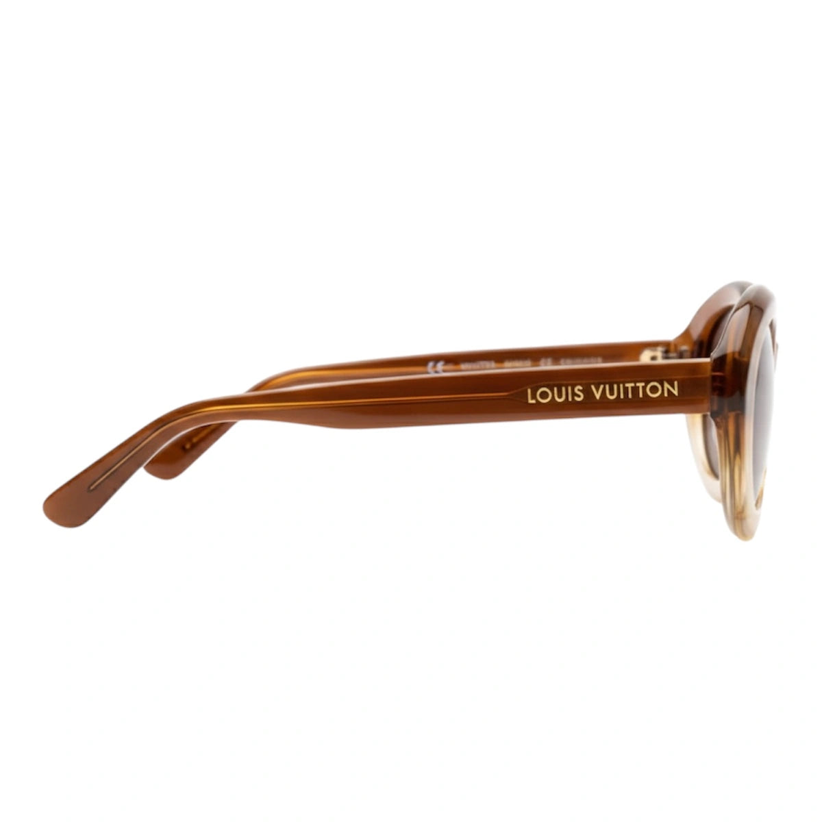 Brown sunglasses with branding on a white background