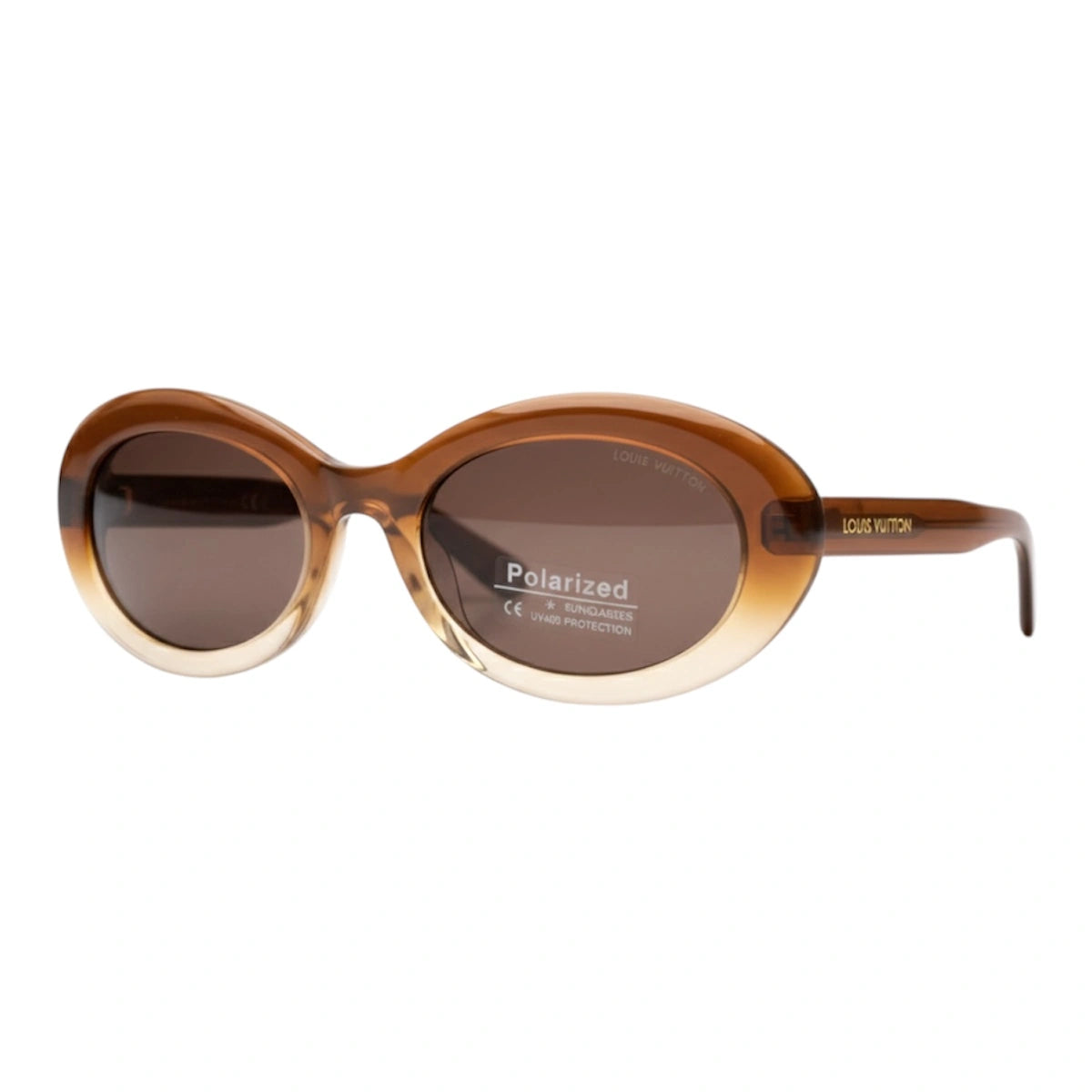 Brown sunglasses with a 'Polarized' label on a white background
